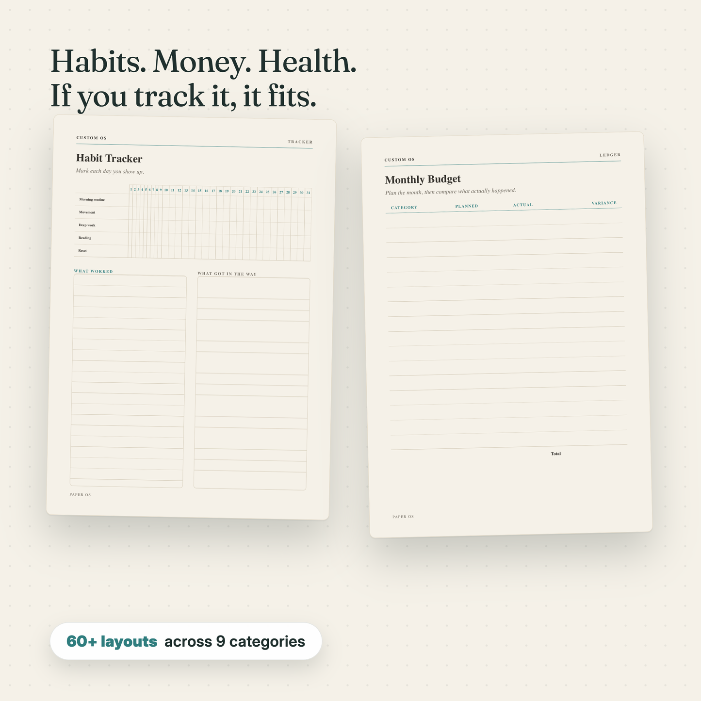 Custom OS interior pages: Habit Tracker and Monthly Budget layouts side by side